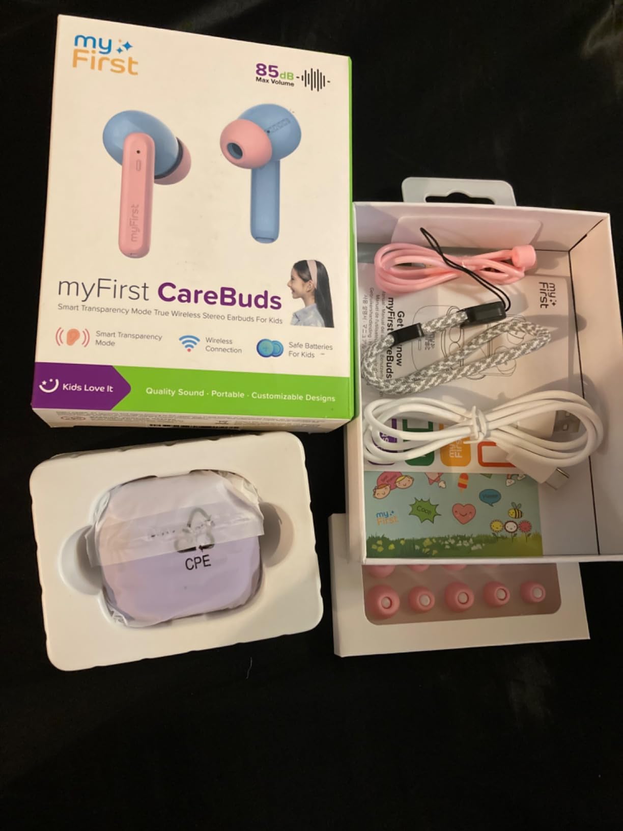 myFirst Carebuds Kids Earbuds Bluetooth 85dB Volume Limit for Small Ears | Anti-lost strap, 6 size ear tips, built-in mic, school travel airplane, for kids ages 3-12 customer photo 2