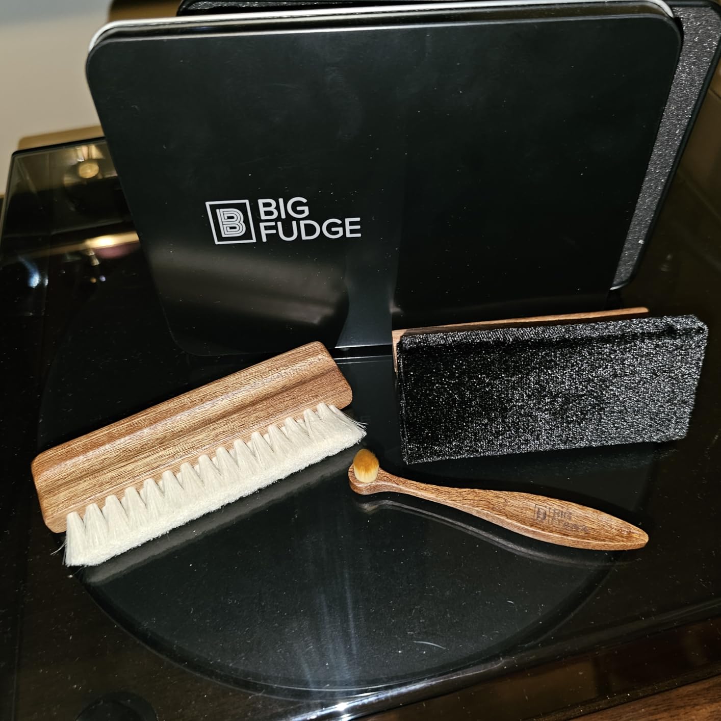 Big Fudge Vinyl Record Cleaning Kit - Collector's Edition - 100% Sapele Wood Vinyl Accessories - Velvet Vinyl Record Cleaner, Anti-Static Vinyl Brush, Stylus Brush and Vinyl Cleaner Solution w/Case customer photo 1