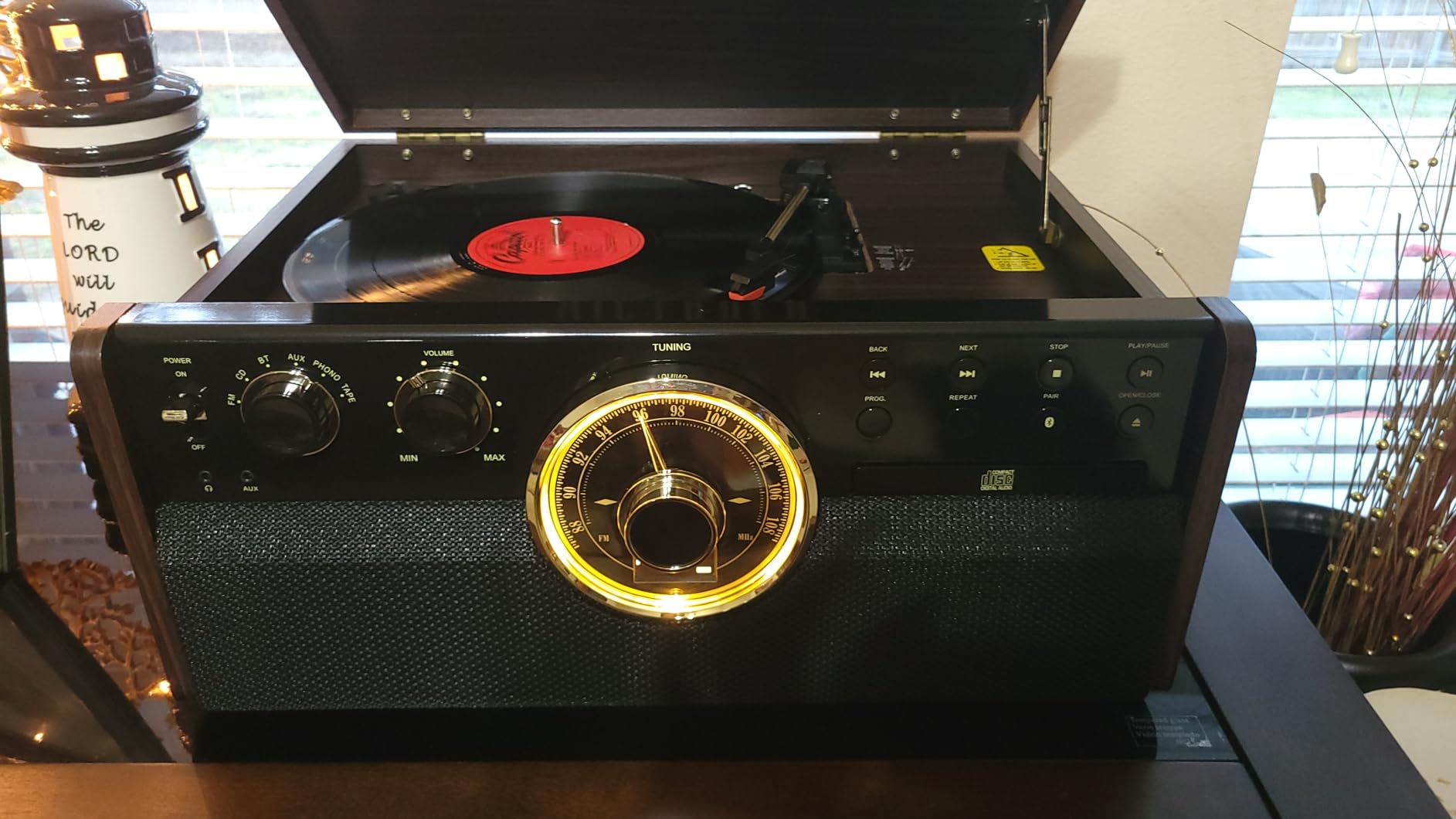 Victrola Empire - Wood 6-in-1 Bluetooth Record Player - Walnut | Mid-century wood music center plays vinyl, CD, cassette, FM radio and aux, built-in stereo speakers, RCA out, headphone jack customer photo 1