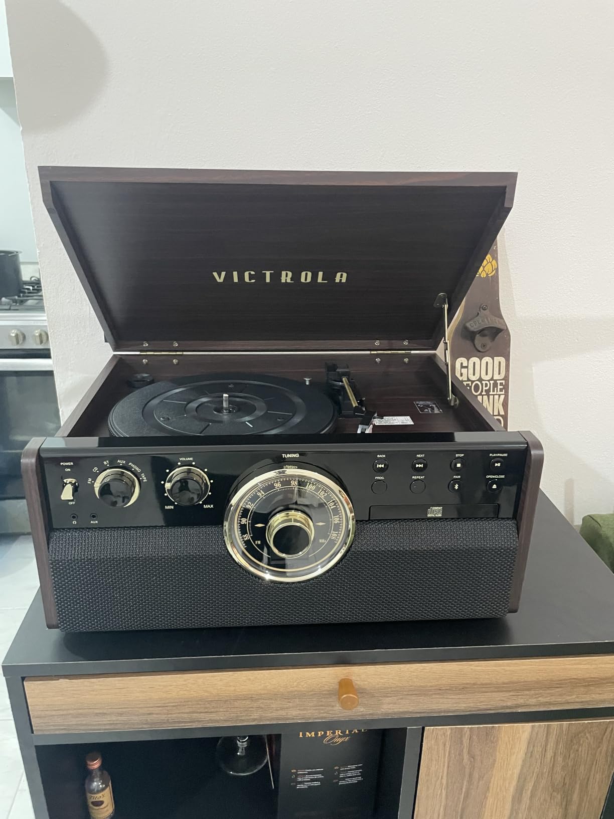 Victrola Empire - Wood 6-in-1 Bluetooth Record Player - Walnut | Mid-century wood music center plays vinyl, CD, cassette, FM radio and aux, built-in stereo speakers, RCA out, headphone jack customer photo 2