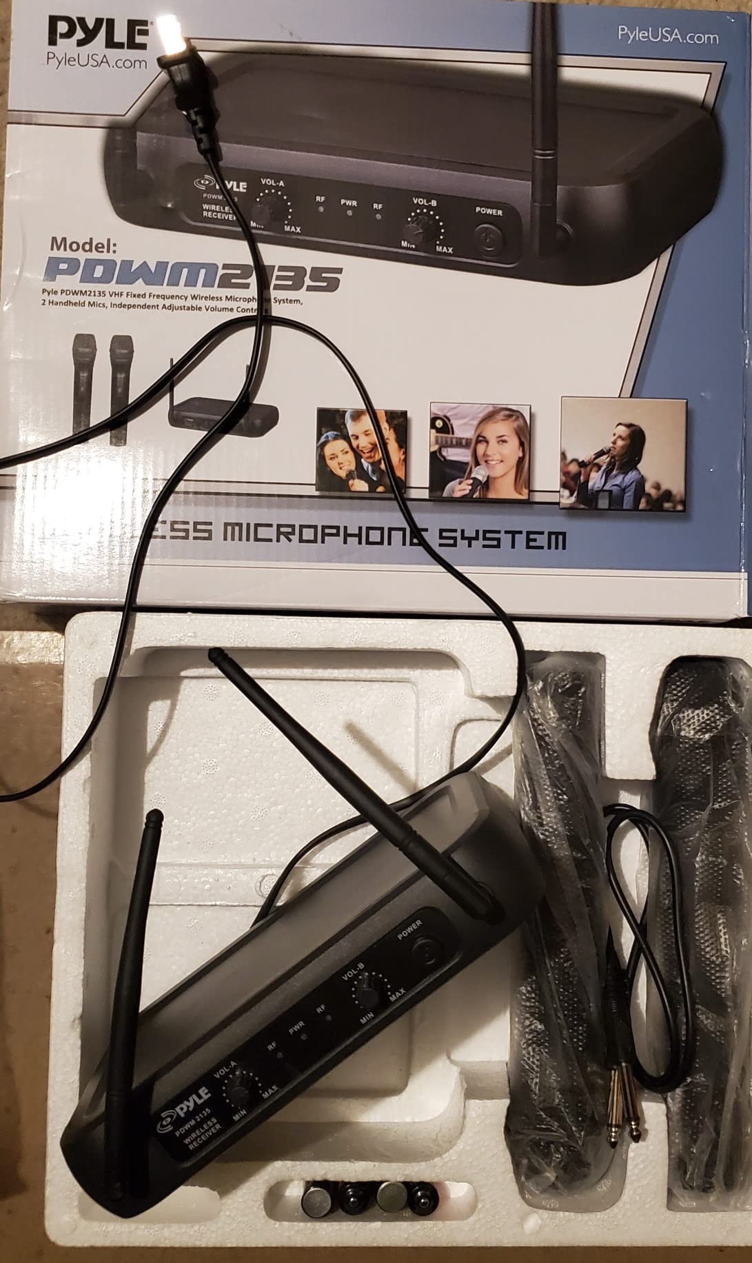 Pyle Channel Microphone System-VHF Fixed Dual Frequency Wireless Set with 2 Handheld Dynamic Transmitter Mics, Receiver Base-for PA, Karaoke, Dj Party (PDWM2135) , Black customer photo 1