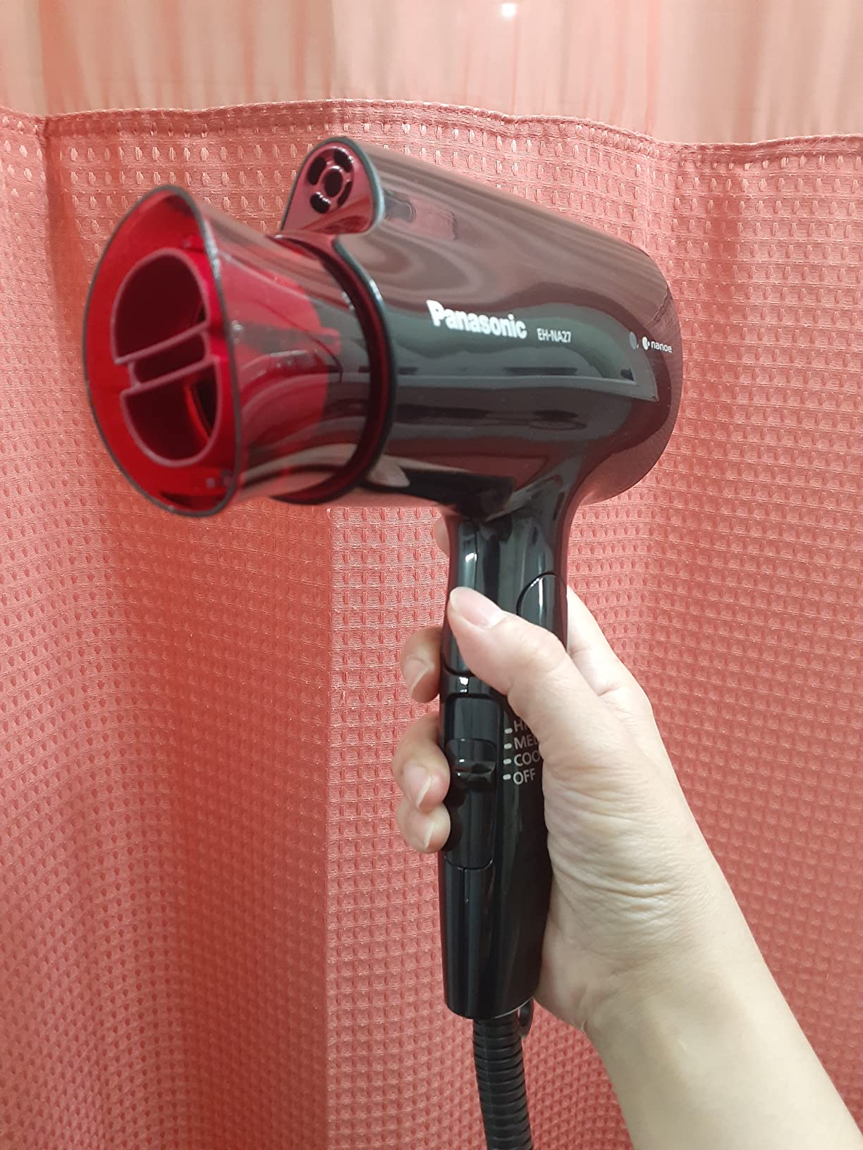 Panasonic nanoe Compact Hair Dryer for Healthy-Looking Hair, 1400W Portable, Folding Handling and Quickdry Nozzle for Fast Drying – EH-NA27-K (Black/Pink) customer photo 1