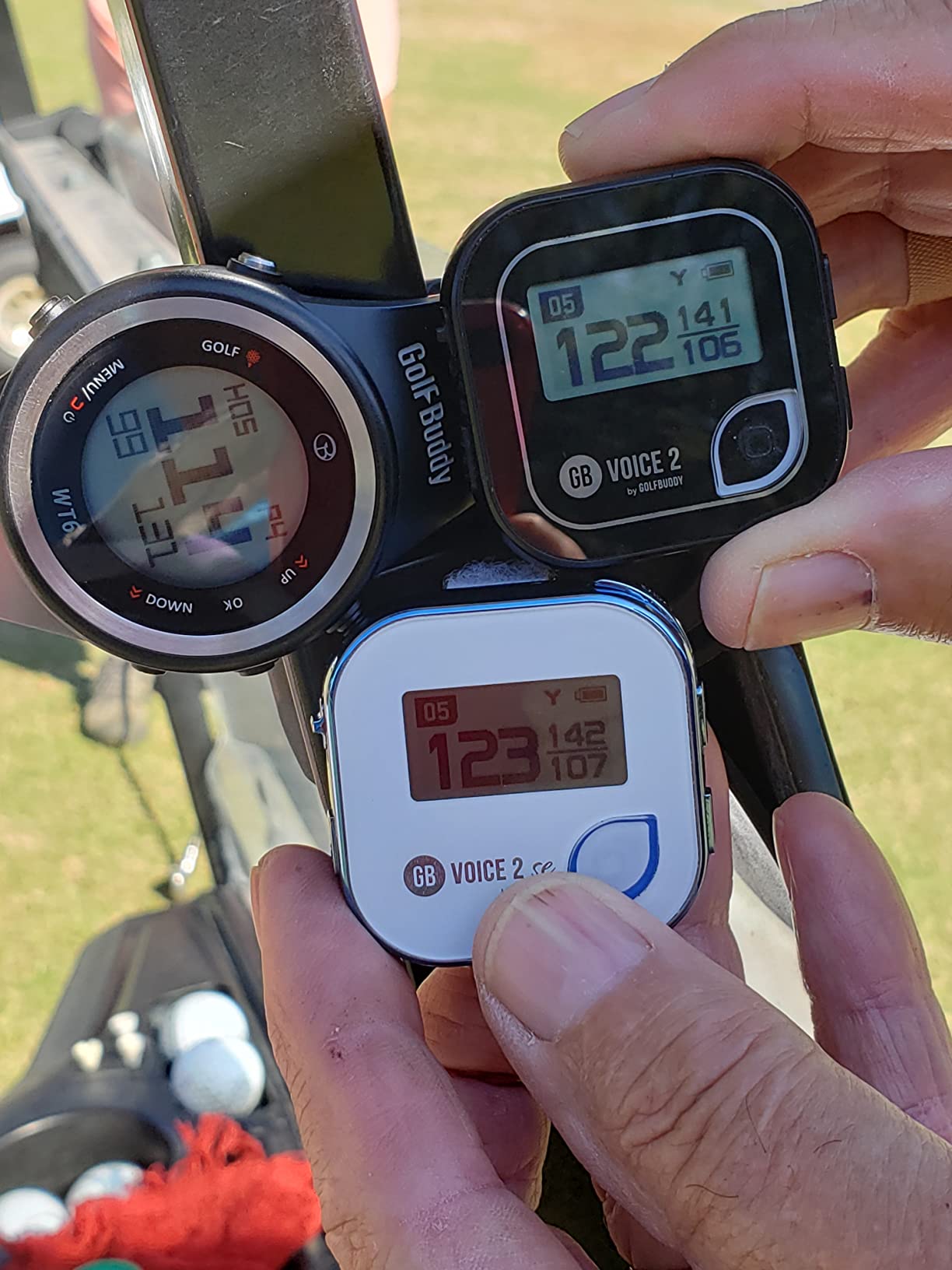 GOLFBUDDY Voice 2S+ Talking GPS Rangefinder, Clip on Hat Golf Navigation, Slope Mode on/Off, 18 Hours Battery Life, Shot Distance Measurement, Preloaded with 40,000 Courses Worldwide (Blue) customer photo 1