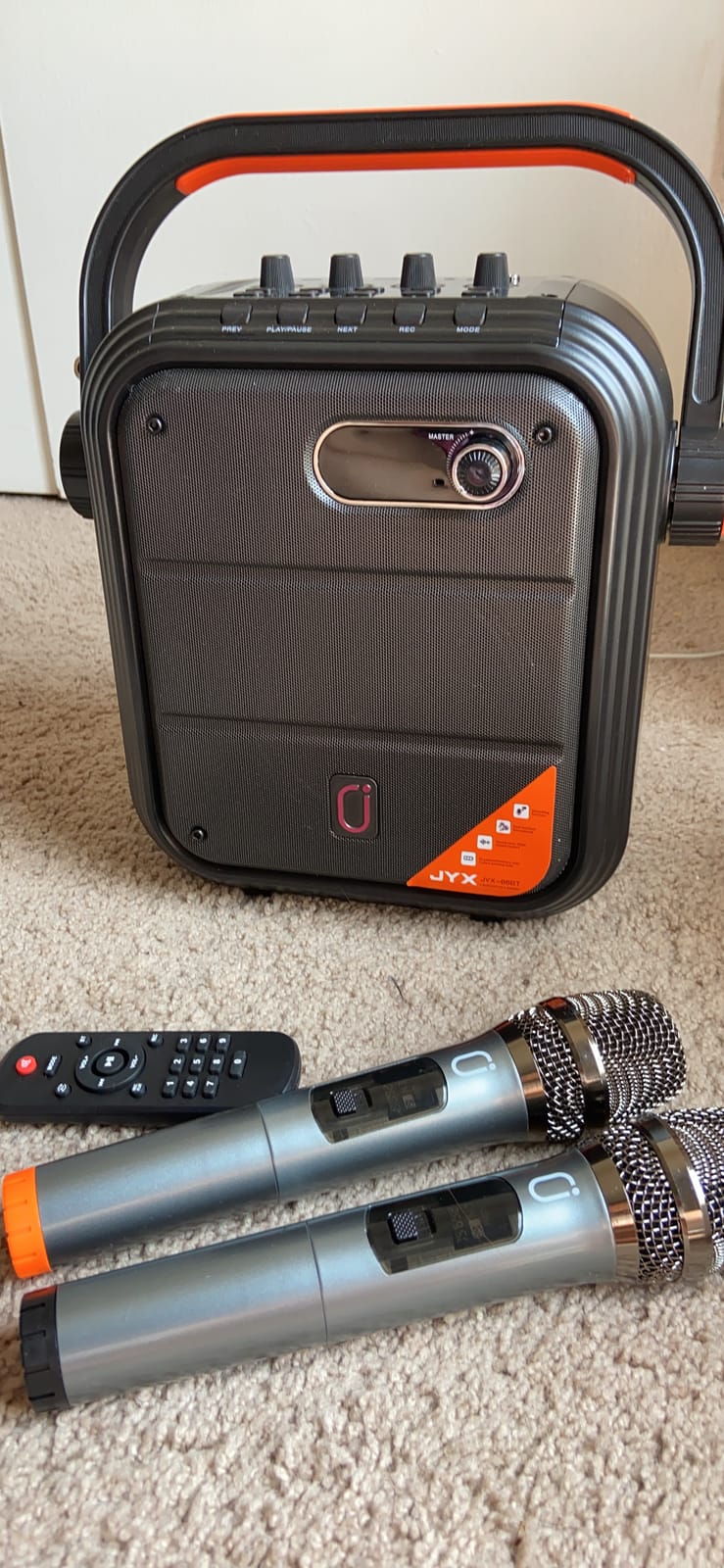 JYX Karaoke Machine with 2 Wireless Microphones, Portable Bluetooth Speaker PA System with Shoulder Strap, Subwoofer Support TWS, USB, Radio, AUX, REC, Bass&Treble for Home Party/Meeting/Adults/Kids customer photo 1