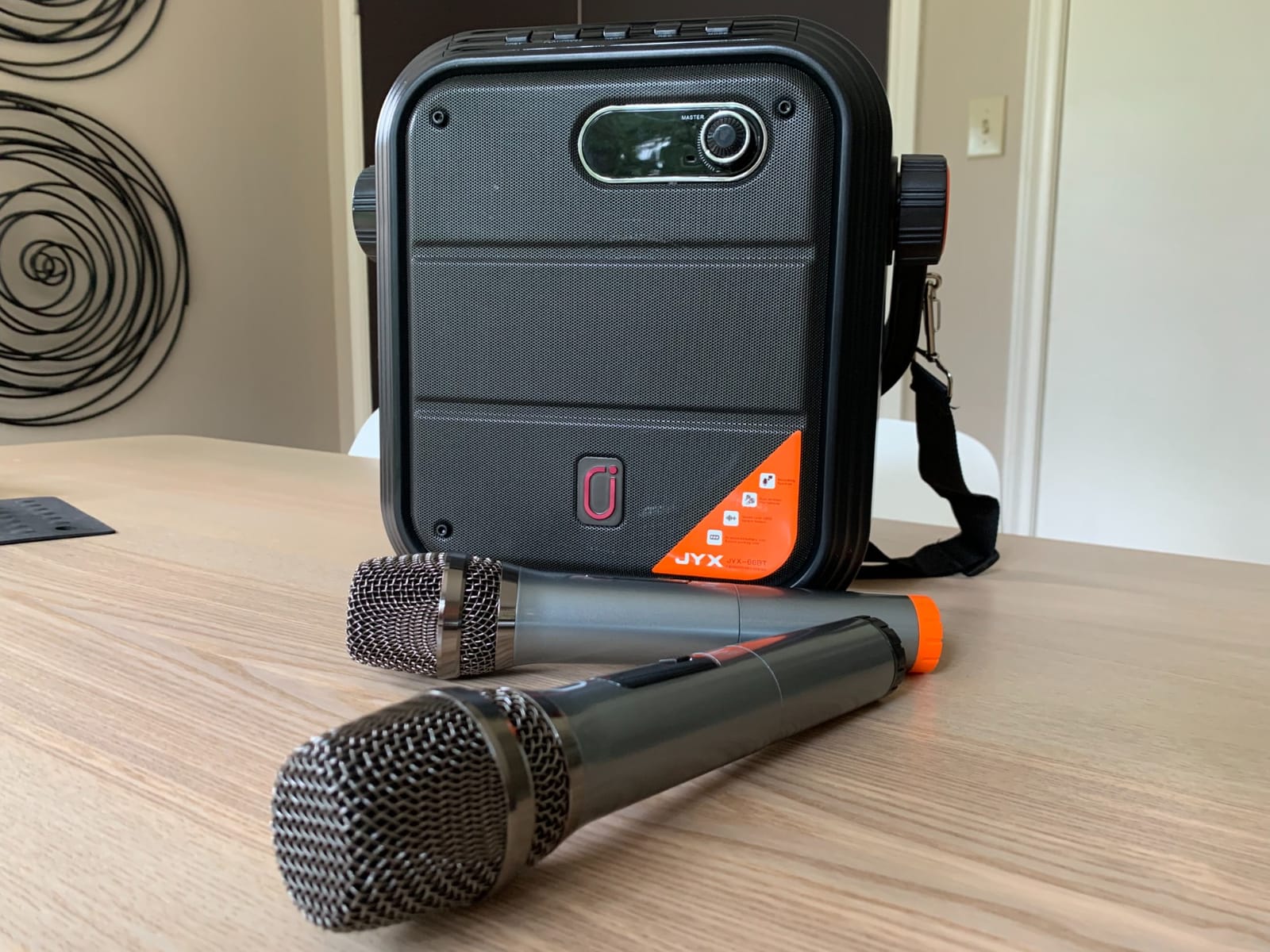 JYX Karaoke Machine with 2 Wireless Microphones, Portable Bluetooth Speaker PA System with Shoulder Strap, Subwoofer Support TWS, USB, Radio, AUX, REC, Bass&Treble for Home Party/Meeting/Adults/Kids customer photo 2