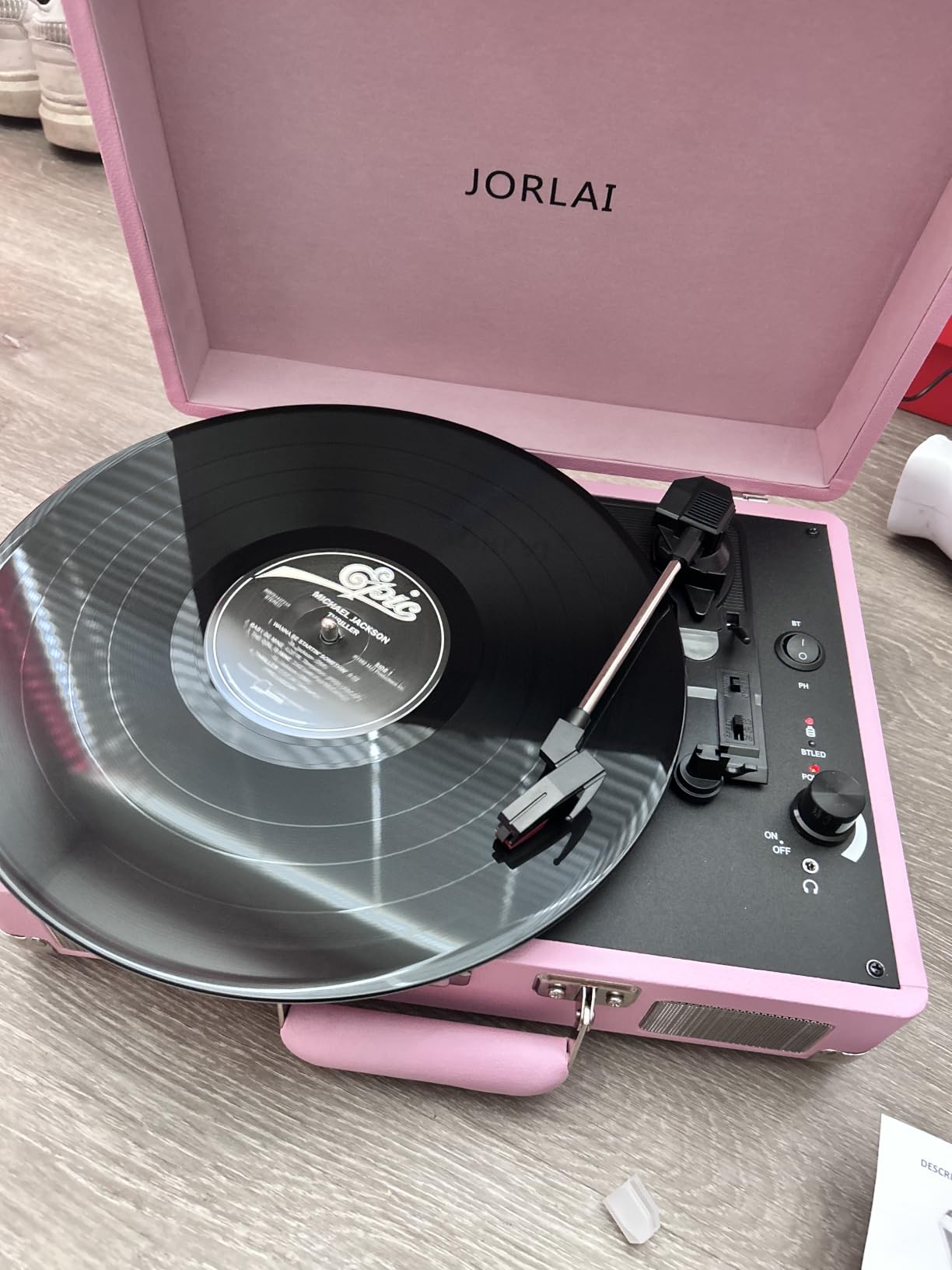 Record Player 3 Speed Vinyl with Bluetooth Vintage Turntable Built in Battery Portable Suitcase Support Aux in RCA Line Out Headphone Jack Purple customer photo 1