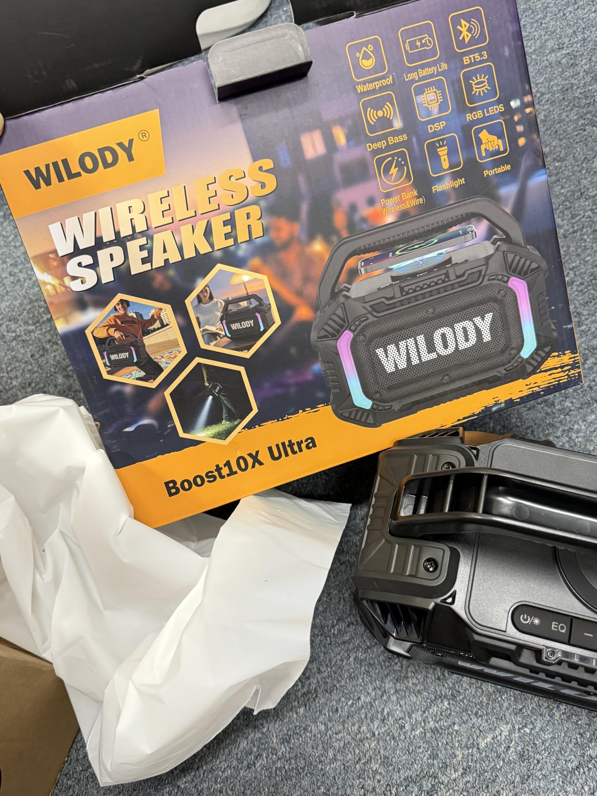 Wilody Speakers Bluetooth Wireless, 100W Loud Outdoor Speaker with Bass, IPX7 Waterproof Floatable, 20H Playtime, Wireless Charge, TWS, RGB Light, Portable Speaker for Work, Garage, Outdoor (Black) customer photo 1