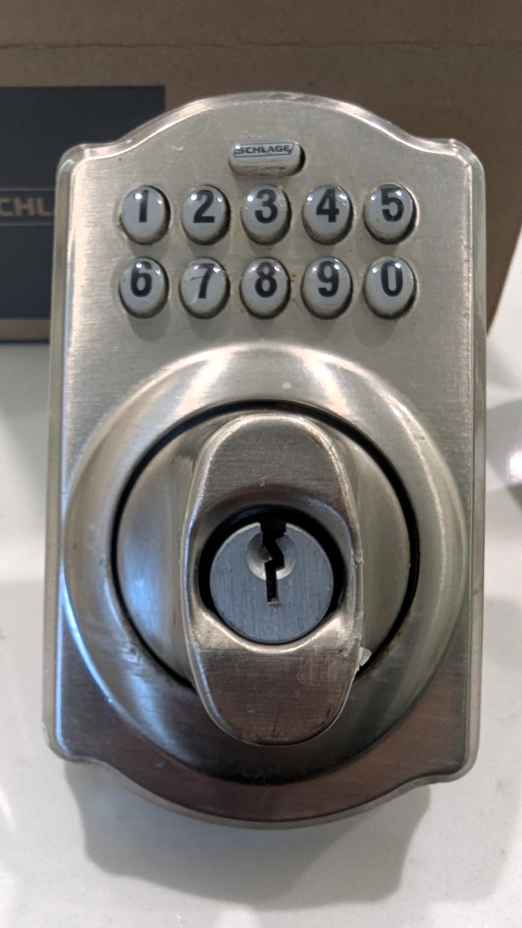 Schlage Electronic Keypad Deadbolt Lock, Camelot Trim, Satin Nickel customer photo 1