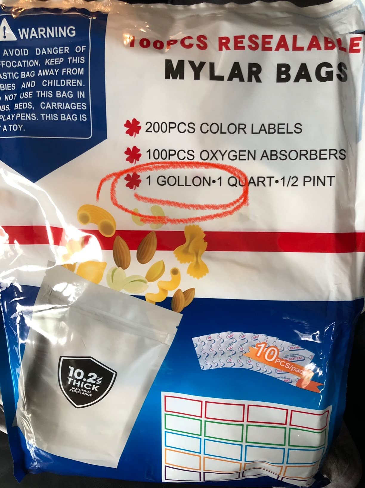 100 Pack 10.2 Mil Mylar Bags for Food Storage with Oxygen Absorbers 400cc customer photo 1
